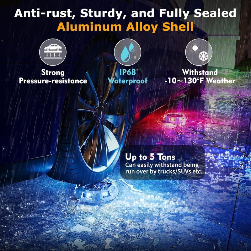 VIODAIM 4Pack Aluminum Alloy Solar Driveway Lights, IP68 Solar Deck Light Marine Dock Lights Outdoor Waterproof, Multi-color LED Driveway Markers for Walkway, Path Decor [12Modes - Strobe/RGB/Fix-color] - Image 2